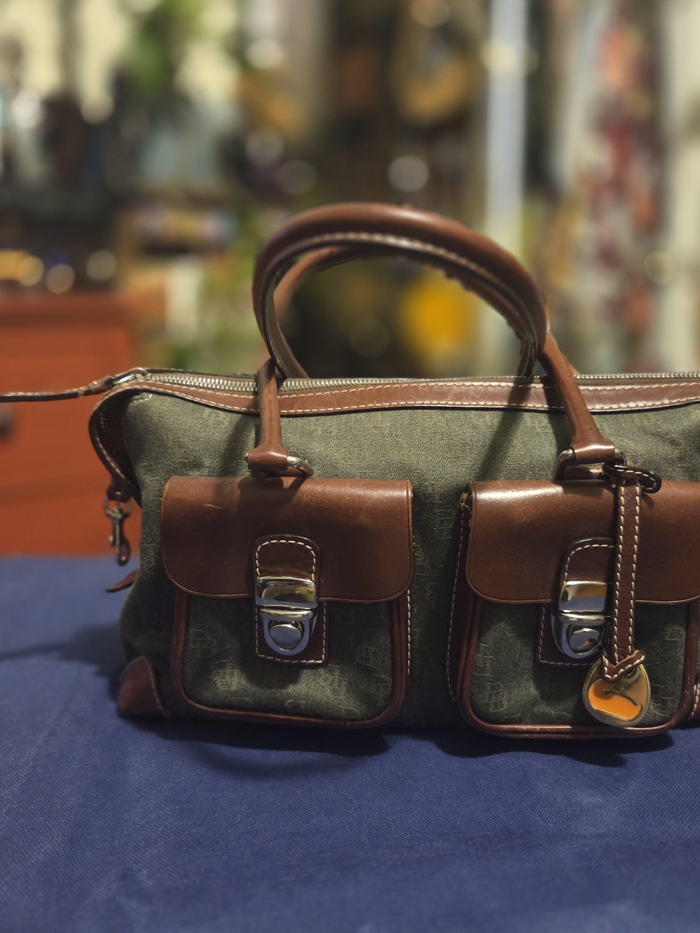 Dooney & Bourke Olive Canvas Satchel with Brown Leather Trim